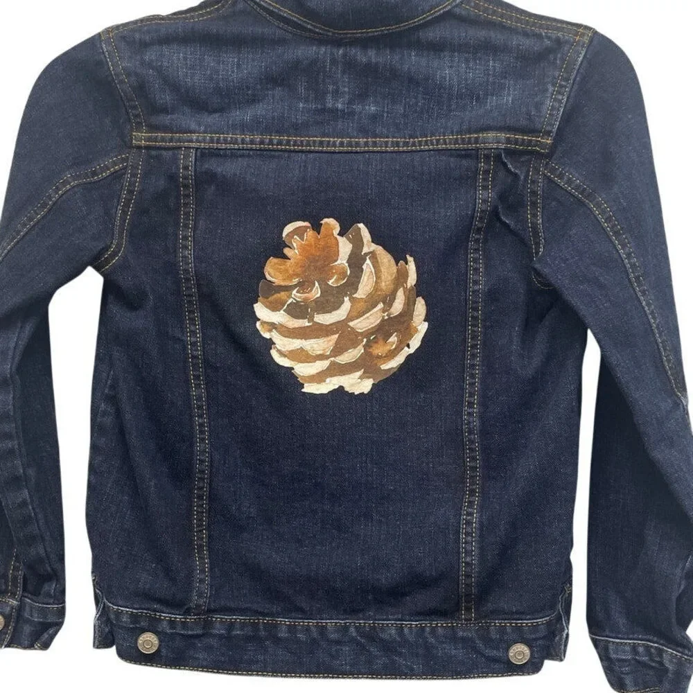 Hand Printed Upcycled Girls Medium Snap Front Wood Pine Cone on Back Jean Jacket
